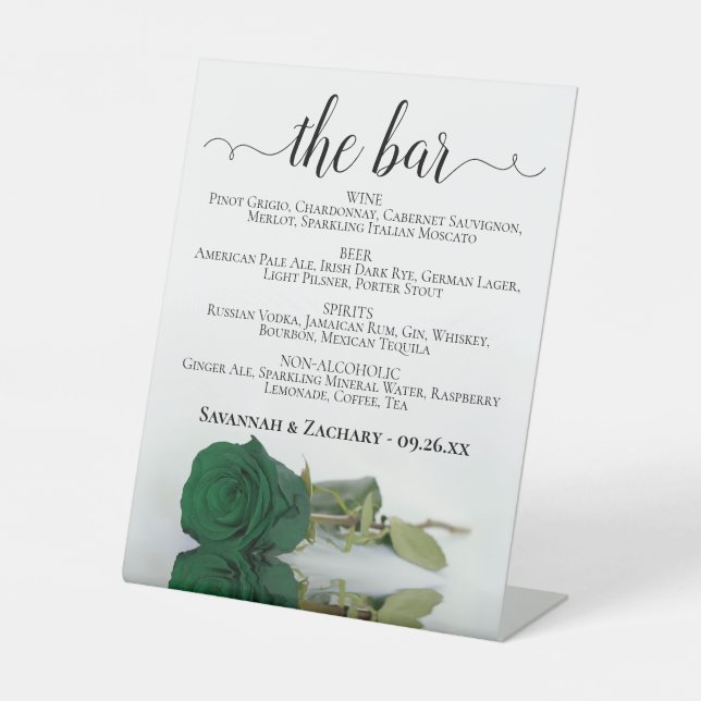The Bar - Emerald Green Rose Drinks Menu Wedding Sockelschild (Vorderseite)