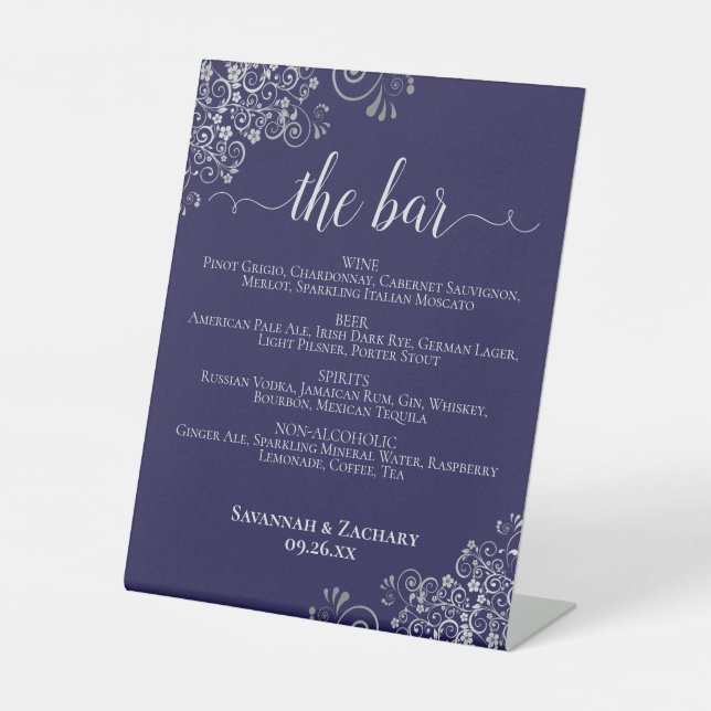 The Bar - Navy Blue & Silver Drinks Menu Wedding Sockelschild (Vorderseite)
