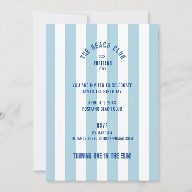 The Beach Club Blue Cabana Stripe 1s Birthday Einladung (Vorderseite)