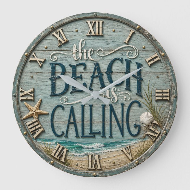 The Beach Is Calling Rustic Beach House Ocean  Große Wanduhr (Vorderseite)