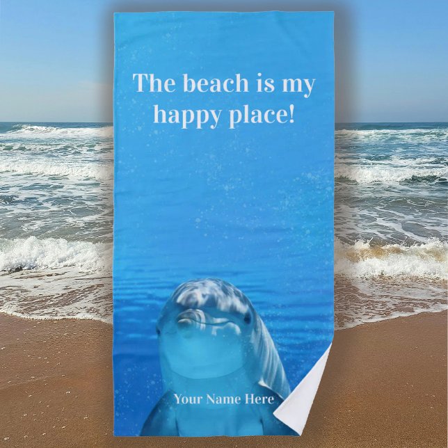 The Beach is my Happy Place Blue Dolphin Beach Strandtuch (The Beach is my Happy Place - Blue Ocean - Personalized - Dolphin)