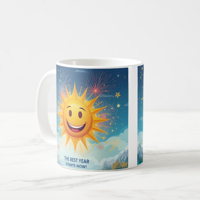 The Best Year Starts Now! Smiling Sun & Fireworks  Kaffeetasse (Vorderseite Links)
