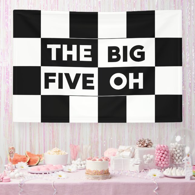 The Big Five Oh Black White Checkered Birthday Banner (Party)