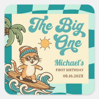 The Big One Surfer Cat Retro Summer 1st Birthday  Quadratischer Aufkleber