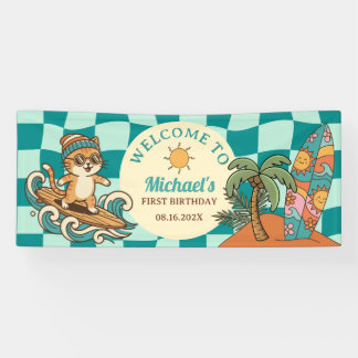 The Big One Surfer Cat Summer 1st Birthday Welcome Banner