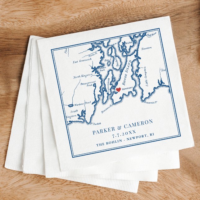 The Bohlin Wedding Newport RI Map  Serviette (The Bohlin Wedding Cocktail Napkins Newport Yachting Center Narragansett Bay Coastal Map Designs)