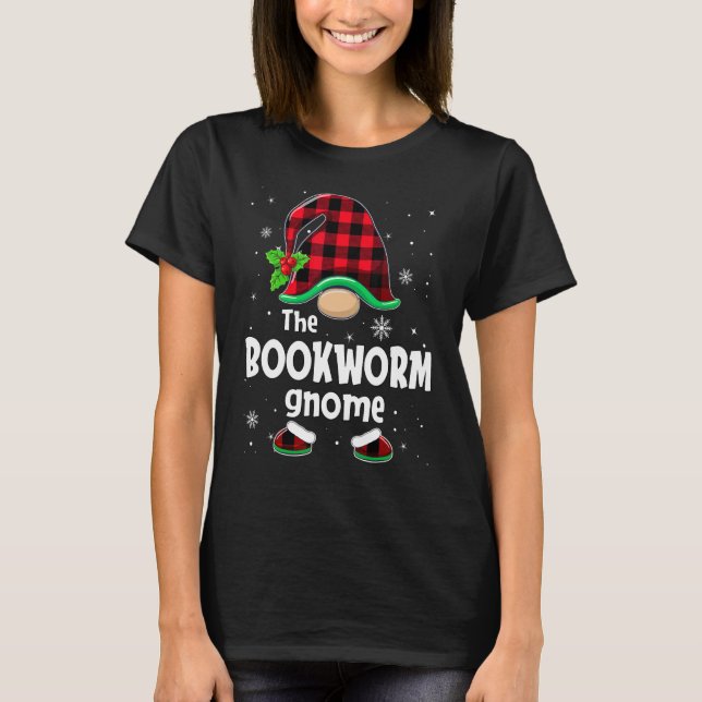 The Bookworm Gnome Buffalo Plaid Christmas Matchin T-Shirt (Vorderseite)
