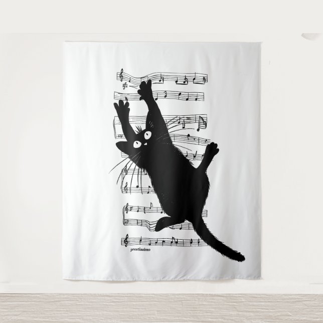 The cat hangs on musical notes wandteppich (Vorderseite)