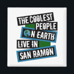The Coolest People on Earth Live in San Ramon Magnet<br><div class="desc">This design features bold, layered text with the phrase "The Coolest People on Earth Live in San Ramon" in a striking cool color palette. A globe graphic, integrated with coordinating blue and green blocks, symbolizes the city's global appeal. The design is suitable for showcasing local pride, as it boldly declares...</div>