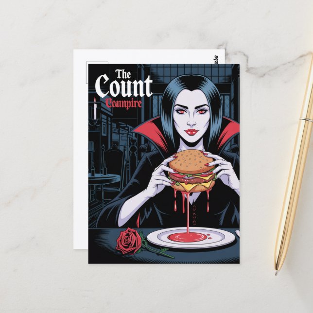 The Count Vampire With a Cheeseburger Postkarte (Vorderseite/Rückseite Beispiel)