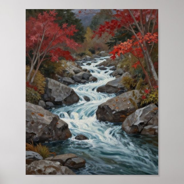 The Crimson Current: A Cascading Autumn Stream Poster (Vorne)