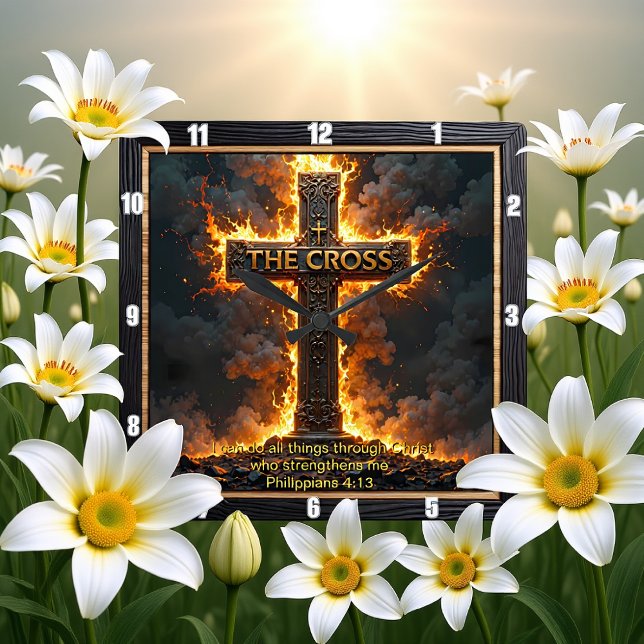 The Cross Fiery Time Philippians 4:13 Verse Quadratische Wanduhr (Von Creator hochgeladen)