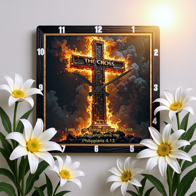 The Cross Medallion Fire Philippians 4:13 Verse Quadratische Wanduhr (Von Creator hochgeladen)