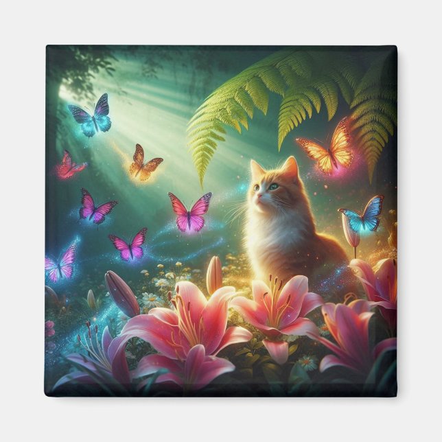 The Curious Cat & Her Butterflies Magnet (Vorne)