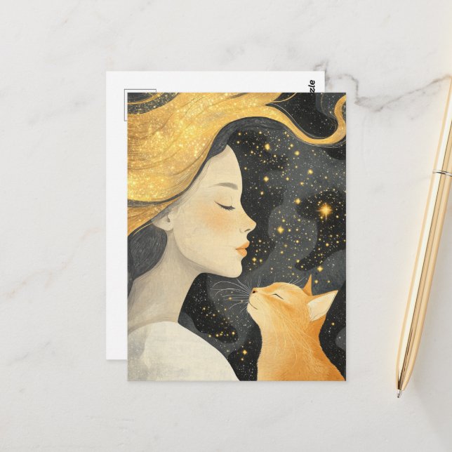 The Cute Ginger Cat and a Woman Postkarte (Vorderseite/Rückseite Beispiel)