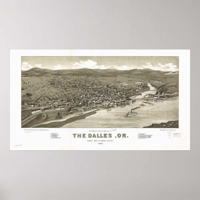 The Dalles Oregon 1884 Antique Panoramic Map Poster (Vorne)