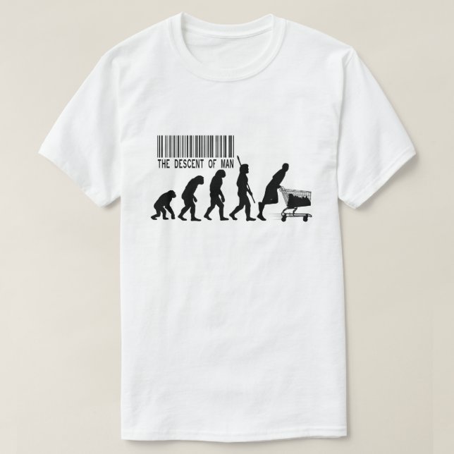 The Descent of Man Funny Evolution Parody Shopping T-Shirt (Design vorne)