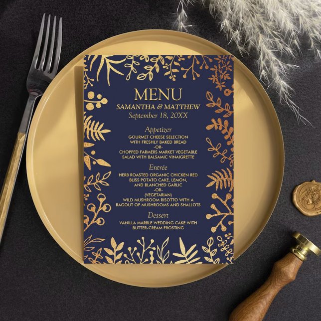 The Elegant Navy & Gold Floral Wedding Collection Menükarte (Von Creator hochgeladen)