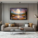 The Enchanted Dream Lake Leinwanddruck<br><div class="desc">Contemplate the magic of a giant moon reflected in serene waters,  surrounded by snow-capped mountains and a starry sky in pink and golden tones. This fantastic artwork transports you to an enchanted realm where dreams come true. Stunning digital art that brings peace,  mystery,  and cosmic beauty to your space.</div>