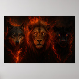 The Fire Trio – Lion, Wolf, and Panther Power Art Poster