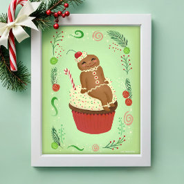 The Gingerbree Man on Festive Cupcake Art Print Poster