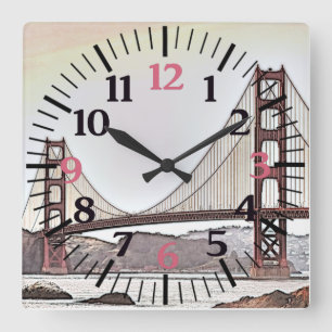 The Golden Gate Bridge - San Francisco, CA (pink) Quadratische Wanduhr