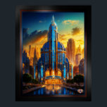 The Grand Art Deco Blue Plaza Pavillon von Xzendor Poster<br><div class="desc">Das Grand Art Deco Blue Plaza Pavillon AI Concept Art von Xzendor7,  beleuchtet durch das goldene Licht der untergehenden Sonne,  betont durch die herrliche architektonische Skyline aus Glas und Stahl.</div>