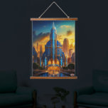 The Grand Art Deco Blue Plaza Pavillon von Xzendor Wandteppich Mit Holzrahmen<br><div class="desc">Das Grand Art Deco Blue Plaza Pavillon AI Concept Art von Xzendor7,  beleuchtet durch das goldene Licht der untergehenden Sonne,  betont durch die herrliche architektonische Skyline aus Glas und Stahl.</div>