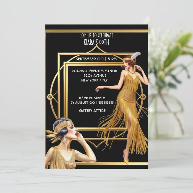 The Great Gatsby black gold flapper girls art Deko Einladung (Stehend Vorderseite)
