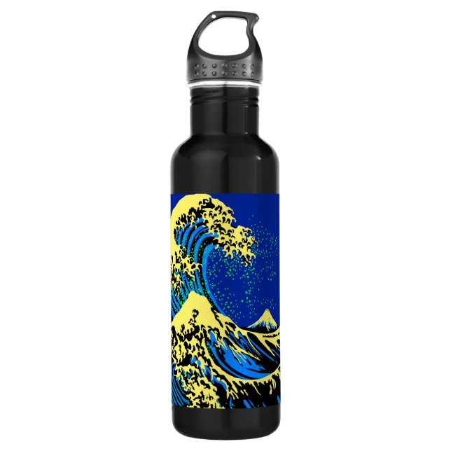 The Great Hokusai Wave in Blue Pop Art Style Edelstahlflasche (Vorderseite)