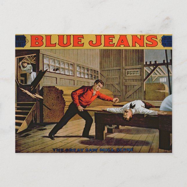 'The Great Saw Mill Scene', Poster für 'Blue Jeans Postkarte (Vorderseite)