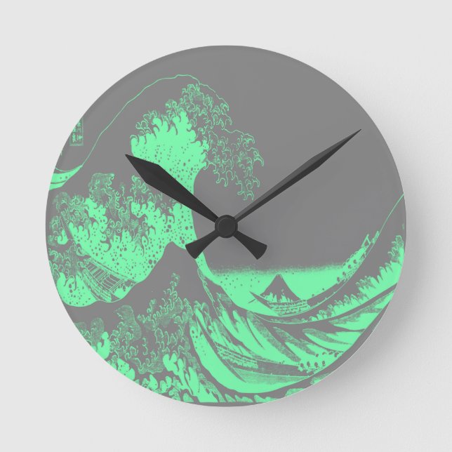 The Great Wave Seafoam Green & Grey Runde Wanduhr (Vorderseite)