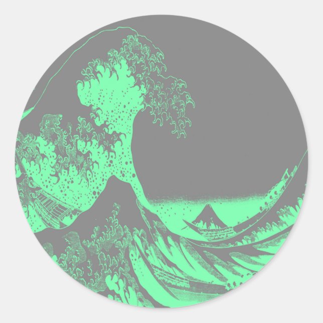 The Great Wave Seafoam Green & Grey Runder Aufkleber (Vorderseite)