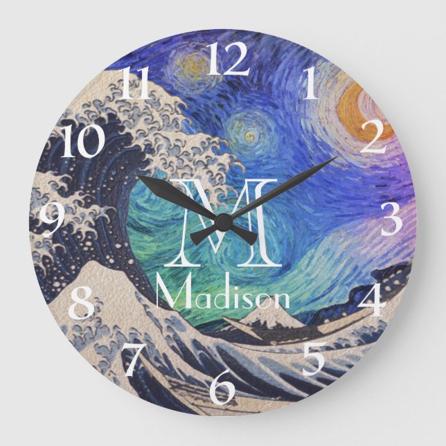 The Great Wave Starry Night Große Wanduhr (Vorderseite)
