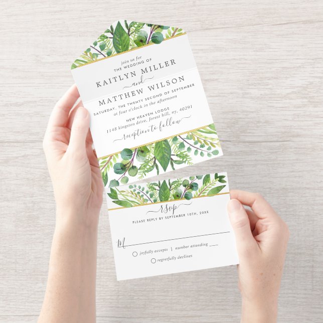 The Greenery & Gold Wedding Collection All-in-One-Einladung (Abreißstreifen)