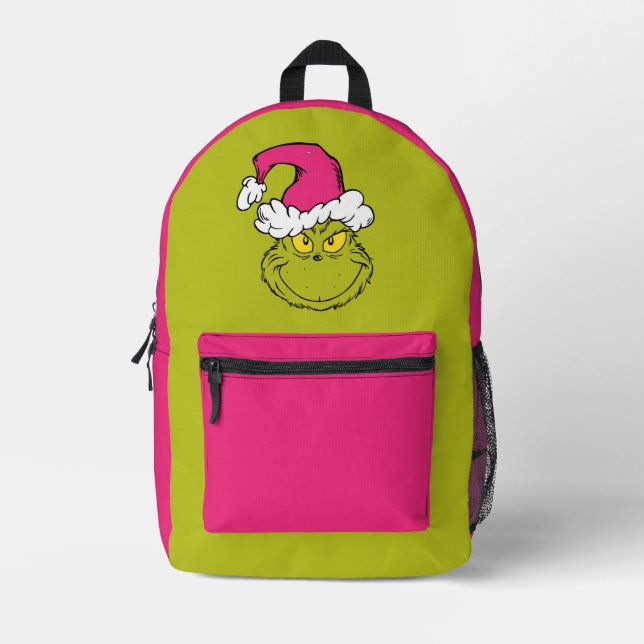 The Grinch in Pink Santa Hat Bedruckter Rucksack (Vorderseite)