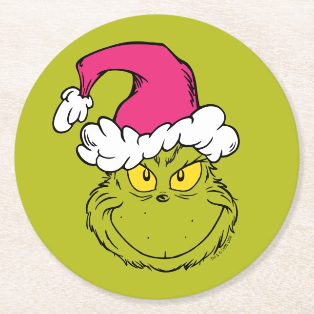 The Grinch in Pink Santa Hat Runder Pappuntersetzer (Vorderseite)