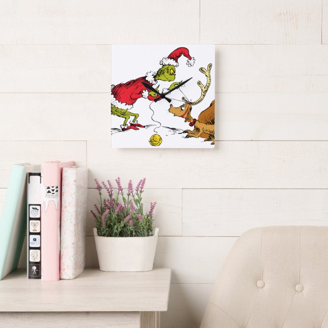 The Grinch Prepares Max the Reindeer Quadratische Wanduhr (Lesesaal)