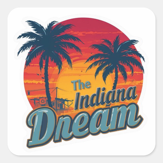 The Indiana Dream Retro Sunset Palm Trees Quadratischer Aufkleber (Vorderseite)