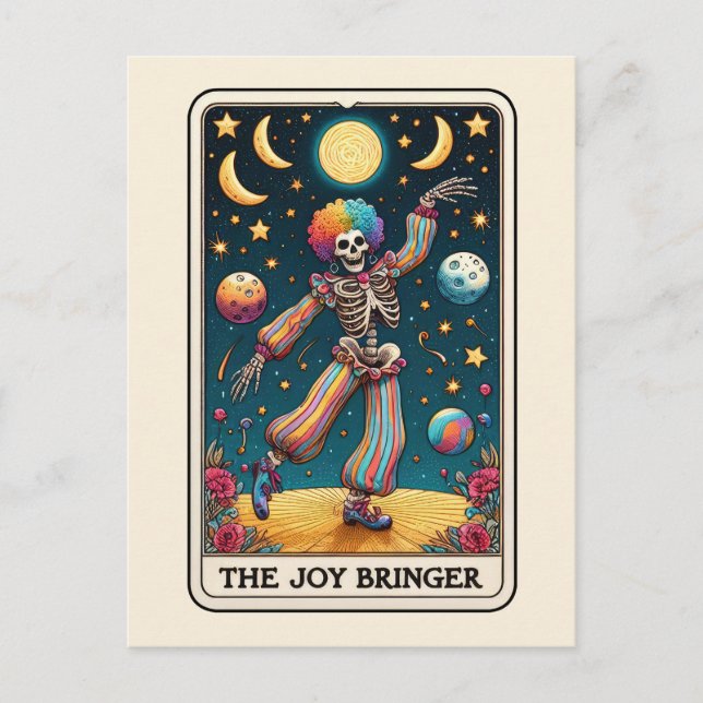 The Joy Bringer Tarot Art Regenbogen Clown Skelett Postkarte (Vorderseite)