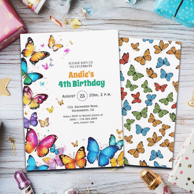 The Joy of Butterflies 4th Birthday Invitation Einladung (Von Creator hochgeladen)