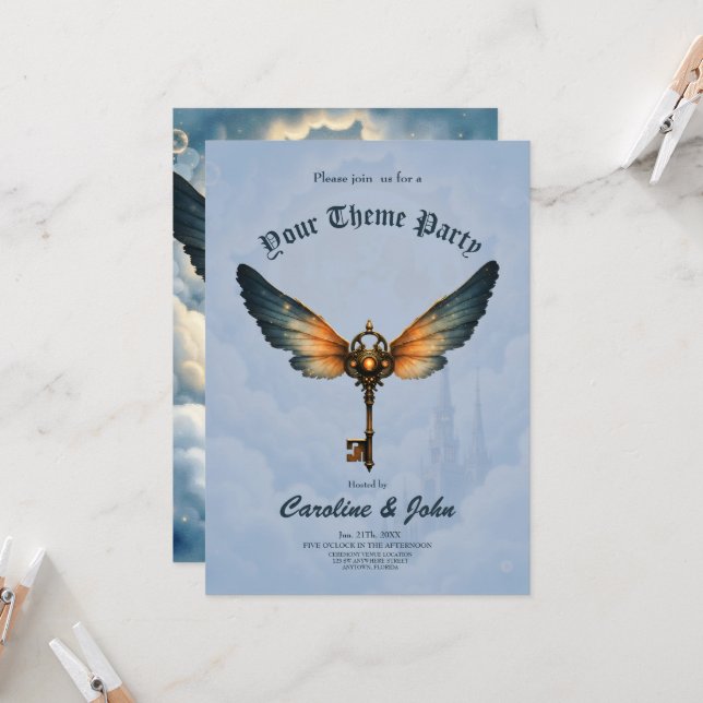 The Key of Eternity – Steampunk Wings  Einladung (Vorderseite/Rückseite Beispiel)