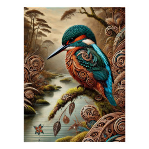 The King Fisher in Maori Art Style, digital Poster