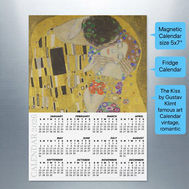 The Kiss Fridge Calendar 2026 / Gustav Klimt Magnetkarte (The Kiss by Gustav Klimt Fridge Calendar 2026 / vintage art)