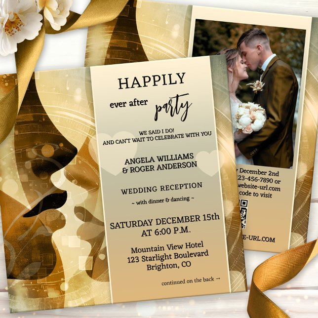 The Kiss Happily Ever After All in One Wedding Einladung (Modern unique all in one happily ever after wedding party invitation featuring a kiss - QR code)