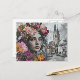 The Lady Collage With Flowers and Buildings Postkarte
