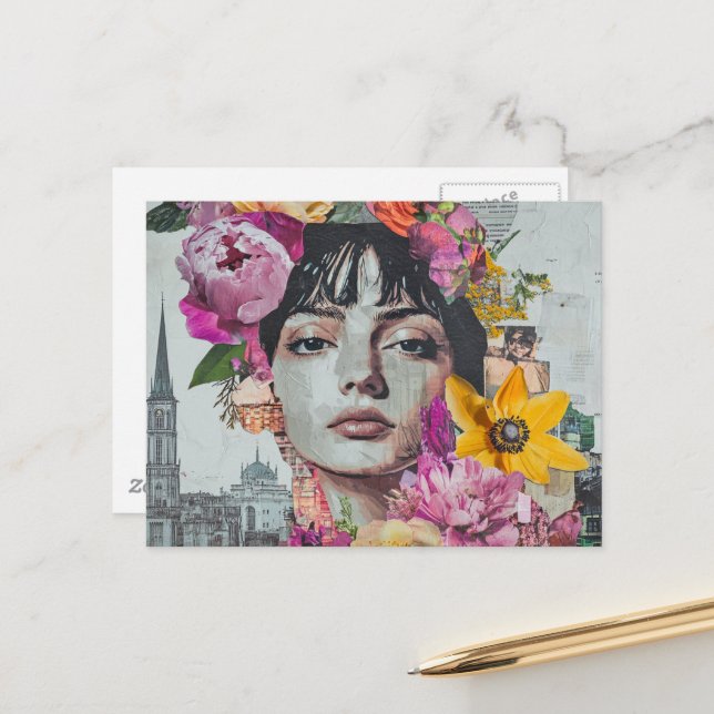 The Lady in a City Collage Flowers Buildings Postkarte (Vorderseite/Rückseite Beispiel)