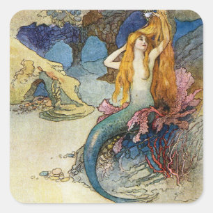 "The Mermaid" von Warwick Goble Quadratischer Aufkleber