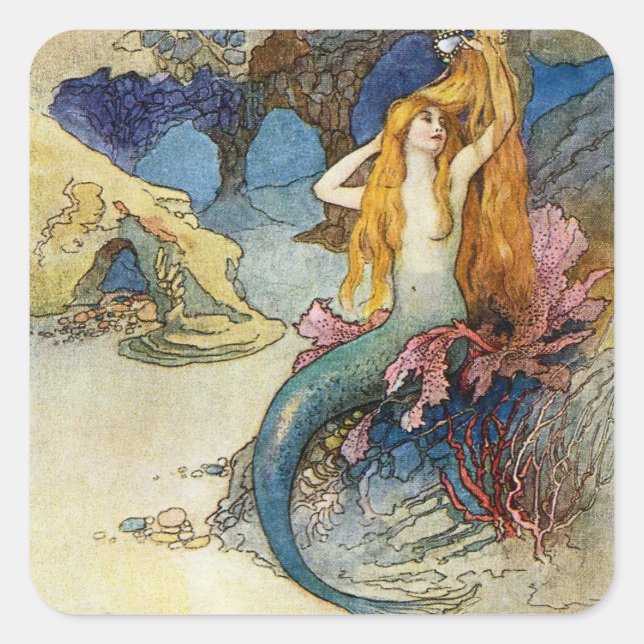 "The Mermaid" von Warwick Goble Quadratischer Aufkleber (Vorderseite)