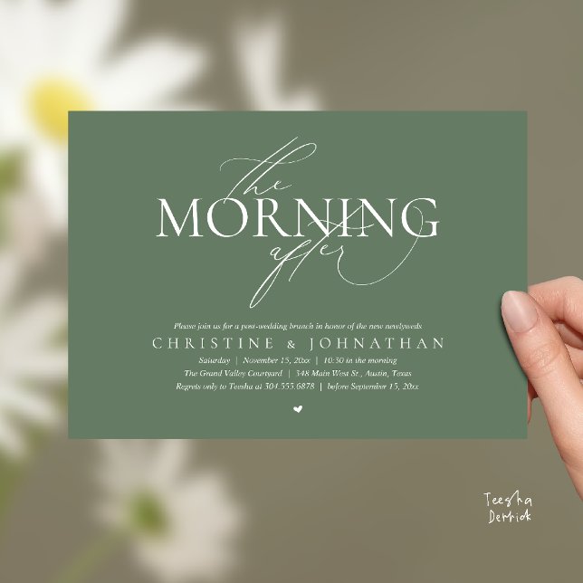The Morning After, Post Wedding Brunch Elopement Einladung (The Morning After, Post Wedding Brunch Elopement Invitation Card in warm contemporary sage green)